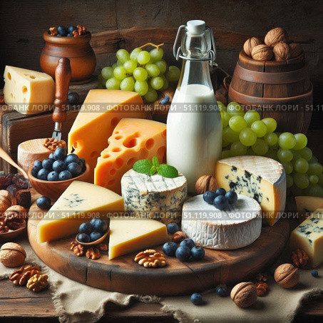 Still life with a variety of cheeses, including brie and blue cheese, on a wooden board. There are green and purple grapes, nuts and a bottle of milk all around. Wooden barrels on the background add a cozy atmosphere. Стоковое AI-изображение, AI-художник Светлана  Громак / Фотобанк Лори