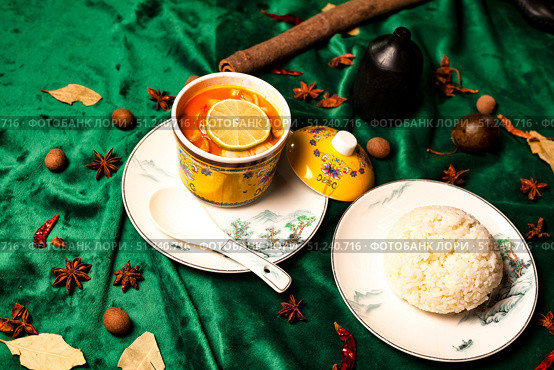 Still Life With Chinese Soup, Rice, and Spices on Emerald Green Velvet. Стоковое фото, фотограф Aleksandr Golubev / Фотобанк Лори