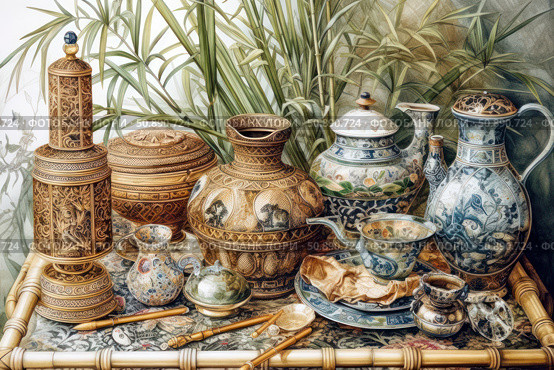 Still life with exquisite oriental and European tableware, executed in a rich color scheme with fine painting. In the foreground are decorative teapots, vases, jugs, bowls and boxes, decorated with plant and ornamental motifs. The background is formed by bamboo leaves and fabric with an oriental pattern. The composition conveys the atmosphere of cultural heritage, elegance and traditions of tea drinking. Стоковое AI-изображение, AI-художник Анна Кривицкая / Фотобанк Лори