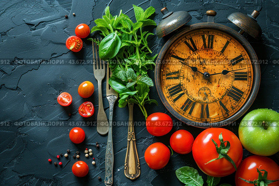 Still life with healthy eating elements and household items. Fresh red cherry tomatoes, green basil and mint leaves, and colorful peppers are on a dark background. Vintage cutlery: a fork and a knife, lie next to the greenery. Particular attention is drawn to the antique table alarm clock with a retro-style dial. A green apple is located at the bottom of the composition. Стоковое AI-изображение, AI-художник Анна Кривицкая / Фотобанк Лори