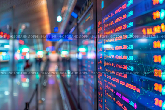 Stock market board showing numbers changing during trading session. Стоковое AI-изображение, AI-художник Иван Рябоконь / Фотобанк Лори