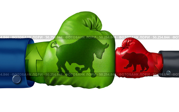 Stock market bullish economics and investing in a bull economic period as a financial and finance battle with strong positive market forces with 3D illustration elements. Стоковое фото, агентство Ingram Publishing / Фотобанк Лори