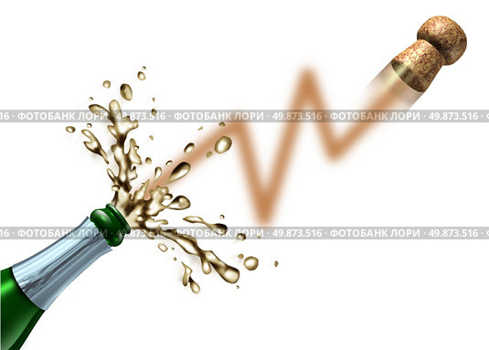 Stock market launch and profit celebration business success concept with a champagne bottle popping the cork and explosion in the shape of a stock market chart for celebrating new IPO or initial public offering. Стоковое фото, агентство Ingram Publishing / Фотобанк Лори