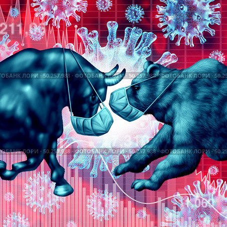 Stock market pandemic and virus fear or bull and bear economic crisis and sick financial health as a business recession concept for uncertainty in the economy investing with 3D illustration elements. Стоковое фото, агентство Ingram Publishing / Фотобанк Лори