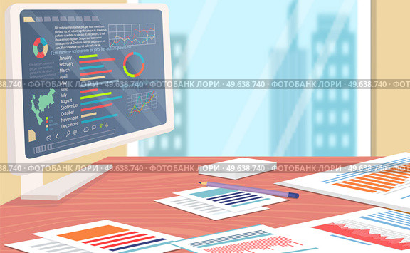 Stocks market graph and chart on computer screen on table in office. Technical analysis candlestick chart. Global stock exchanges index. Forex trading concept. Trading strategy, financial indices. Stocks market graph chart on computer screen. Technical analysis candlestick chart on monitor. Стоковая иллюстрация, агентство Ingram Publishing / Фотобанк Лори