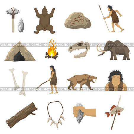 Stone Age Icons. Set color icons with elements of life in stone age caveman cave bonfire mammoth bone isolated vector illustration. Стоковая иллюстрация, агентство Ingram Publishing / Фотобанк Лори