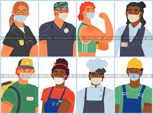 Stop coronavirus agitation concept. Vaccination promo, immunization of workers. Vaccine saves lives. People wearing protective mask showing their arm with bandage after receiving covid-19 vaccine. Stop coronavirus agitation concept. Vaccination promo, immunization of workers. Vaccine saves lives. Стоковая иллюстрация, агентство Ingram Publishing / Фотобанк Лори