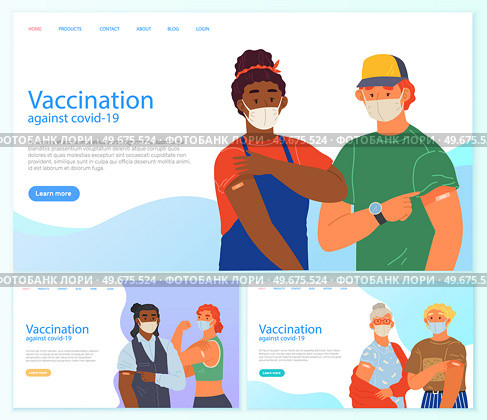 Stop coronavirus agitation concept. Vaccination promo, immunization of workers. Vaccine saves lives. People wearing protective mask showing their arm with bandage after receiving covid-19 vaccine. Stop coronavirus agitation concept. Vaccination promo, immunization of workers. Vaccine saves lives. Стоковая иллюстрация, агентство Ingram Publishing / Фотобанк Лори
