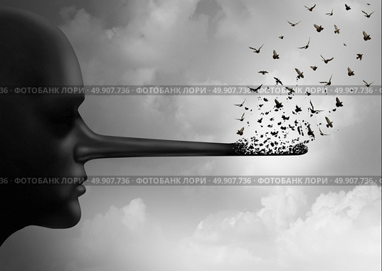 Stop corruption concept or spreading lies symbol as a person with a long nose that is being replaced by flying birds as a metaphor for honesty and communicating rumors or change for truth in a 3D illustration style. Стоковое фото, агентство Ingram Publishing / Фотобанк Лори