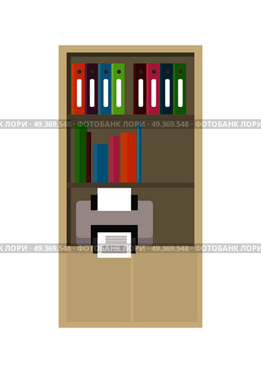 Storage of archive documents vector illustration in flat style design. Rack filled with binder and folders, printer on shelve. Furniture in the office. Isolated on white background.. Rack with Binders Illustrationi in Flat Design. Стоковая иллюстрация, агентство Ingram Publishing / Фотобанк Лори