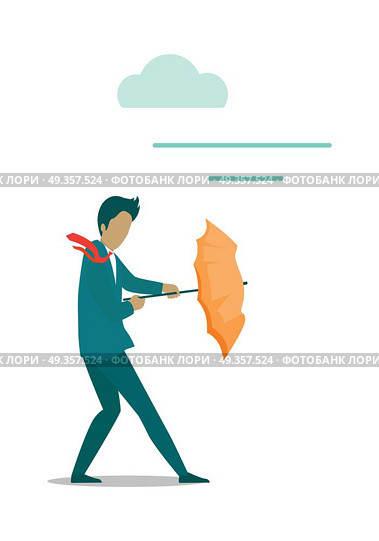 Stormy weather or barriers in business vector. Flat design. Man in business suit with umbrella in hands resisting strong wind. Difficult moving forward. For weather, climate or business concepts. Stormy Weather or Barriers in Business Concept . Stormy Weather or Barriers in Business Concept . Стоковая иллюстрация, агентство Ingram Publishing / Фотобанк Лори