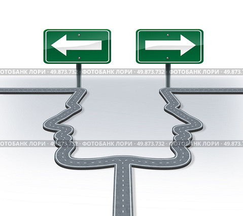 Strategy decisions and career choices at a cross roads with a fork in the road shaped as two human heads in a concept of a business dilemma choosing the direction to travel when facing two equal or similar options. Стоковое фото, агентство Ingram Publishing / Фотобанк Лори