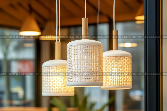 Straw lampshade. Modern pendant lights with light bulb. Contemporary house interior. Hanging ceiling light in a current shared space. Decorative geometric lamp. Suspended straws chandelier loft style. Стоковое AI-изображение, AI-художник Марина Демидюк / Фотобанк Лори