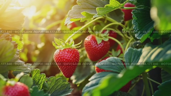 Strawberry. Big ripe Strawberries cluster. Blurred green plantation background. Red sweet berries growing on Strawberry bush in a greenhouse. Many fresh raspberries. Abundance Summer Harvest. Business. Стоковое AI-видео, аниматор Марина Демидюк / Фотобанк Лори