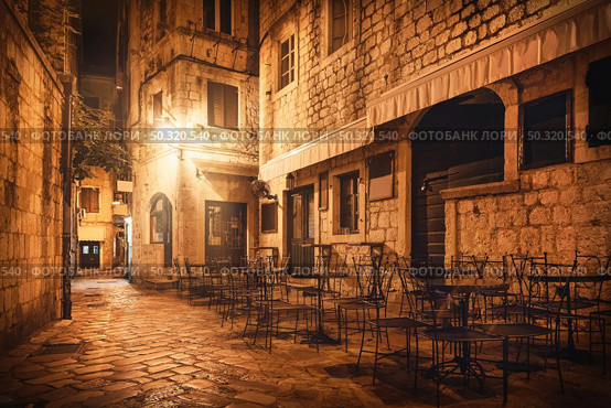 Street cafe in Old Town of Kotor at night. Стоковое фото, агентство Ingram Publishing / Фотобанк Лори