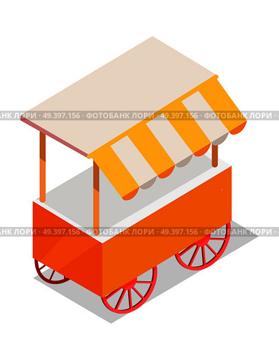 Street cart store isometric icon. Trolley with stall under colorful tent vector isolated on white background. Movable shop on wheels illustration for mobile eatery, fast food cafe, souvenir shop ad. Стоковая иллюстрация, агентство Ingram Publishing / Фотобанк Лори