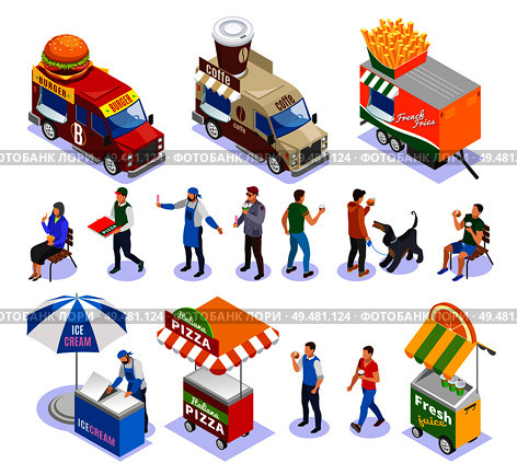 Street food carts and vehicles sellers and customers set of isometric icons isolated vector illustration . Street Food Isometric Icons. Стоковая иллюстрация, агентство Ingram Publishing / Фотобанк Лори