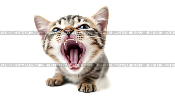 Striped kitten yawning or meowing loudly, close-up view, detailed fur texture, isolated on white background, expressive feline face with sharp teeth visible. Стоковое AI-изображение, AI-художник Павел Муравьев / Фотобанк Лори