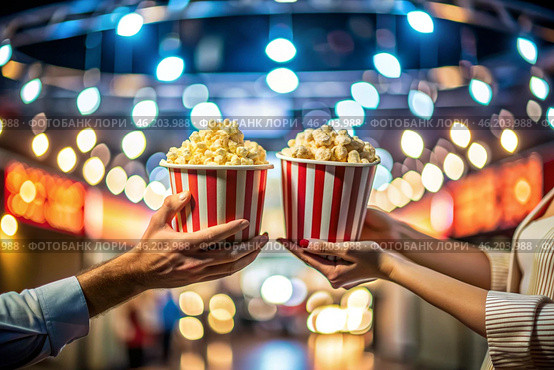 Striped red and white box with salted popcorn in his hand against the background of cinema lights. A popular snack in cinemas. Стоковое AI-изображение, AI-художник Photojuli / Фотобанк Лори