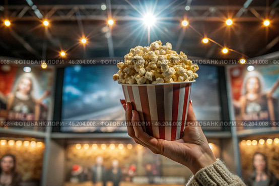 Striped red and white box with salted popcorn in his hand against the background of cinema lights. A popular snack in cinemas. Стоковое AI-изображение, AI-художник Photojuli / Фотобанк Лори