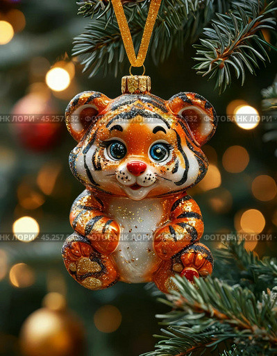Striped tiger cub on a Christmas tree, colorful Christmas tree toy. New Year's decor. Festive New Year's atmosphere. Стоковое AI-изображение, AI-художник Сергей Елизарьев / Фотобанк Лори