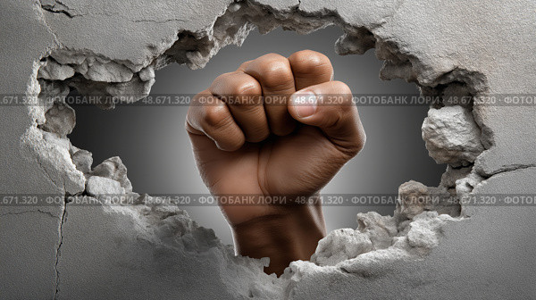 Strong fist breaking through concrete wall symbolizes resilience and strength. Сильный кулак, пробивающий бетонную стену, символизирует стойкость и силу. Стоковое AI-изображение, AI-художник Katsiaryna Repich / Фотобанк Лори