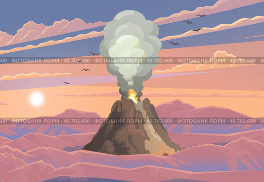 Strong jet of effluent hot lava. Erupting rock pinnacle volcano disaster with burning fire. Volcanic eruption mountain with magma in exotic village. Volcano with lava on tourist tropical island. Volcanic eruption mountain with magma in exotic village. Volcano with lava on tropical island. Стоковая иллюстрация, агентство Ingram Publishing / Фотобанк Лори