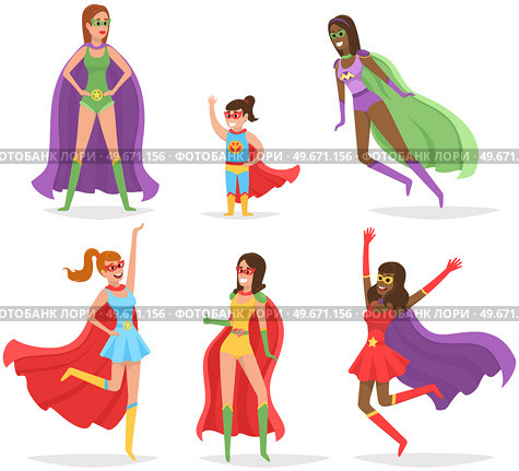 Strong superwoman team in colored costumes with cloaks, emblems, masks has superpowers save world. Superhero protect people from villains on white background. Cartoon girl run and fly to help people. Strong superwoman team in colored costumes with cloaks, emblems, masks has superpowers save world. Стоковая иллюстрация, агентство Ingram Publishing / Фотобанк Лори