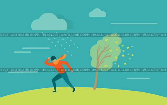 Strong Wind and Rainstorm. Heavy Shower, Downpour. Strong wind and heavy rainstorm. Heavy shower, downpour, cloudburst. Natural disaster. Deadly wind ruins everything. Hurricane damages person. Moderate or violent rain. Vector illustration. Стоковая иллюстрация, агентство Ingram Publishing / Фотобанк Лори