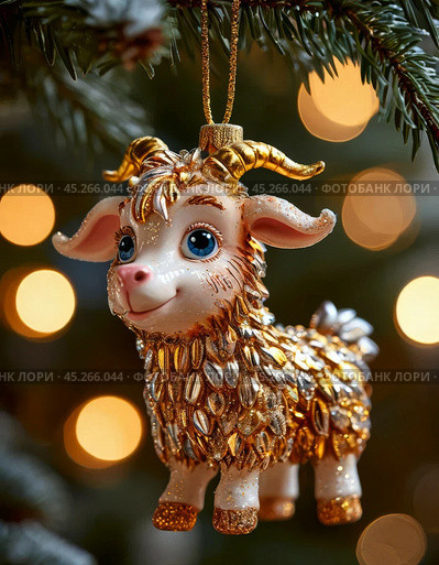 Stubborn kid goat, colorful Christmas tree toy. New Year's decor. Festive New Year's atmosphere. Стоковое AI-изображение, AI-художник Сергей Елизарьев / Фотобанк Лори