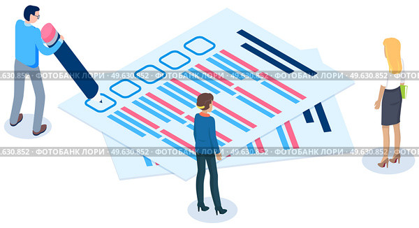 Student fills out questionnaire. Guy with pencil writes test. People in business suit discussing survey. Employees look at quiz exam paper document. Male character is passing exam vector illustration. Student fills out questionnaire. Guy writes test. People in business suit discussing survey. Стоковая иллюстрация, агентство Ingram Publishing / Фотобанк Лори