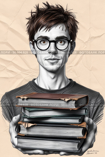 Студент с книгами. Графический рисунок на мятой бумаге. A student with books. A graphic drawing on crumpled paper. Стоковое AI-изображение, AI-художник Смирнова Светлана / Фотобанк Лори