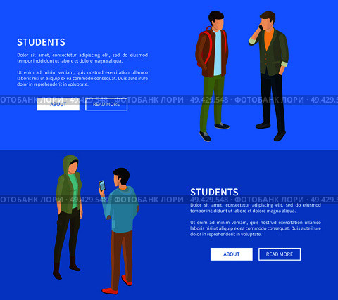 Students cartoon characters web posters vector illustrations with text on blue. College pupils during breaks in modern apparels, faceless people. Students Cartoon Characters Posters Vector Set. Стоковая иллюстрация, агентство Ingram Publishing / Фотобанк Лори