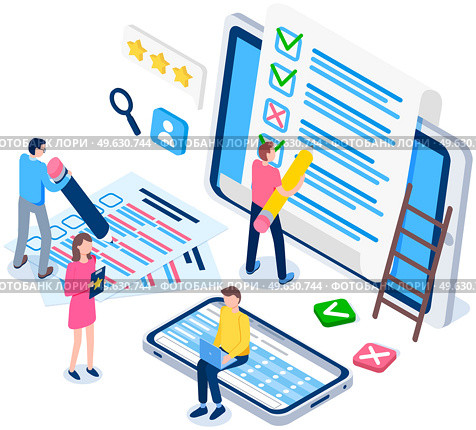 Students fill out questionnaire with pencils. People study with technology. Online exam concept. Cartoon character standing near big tablet with checklist. Questionnaire form vector illustration. Students fill out questionnaire with pencils. People study with technology. Online exam concept. Стоковая иллюстрация, агентство Ingram Publishing / Фотобанк Лори