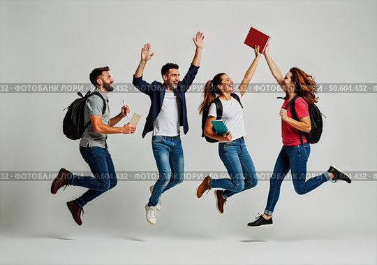 Студенты в прыжке с книгами на сером фоне. Students jumping with books on a gray background. Стоковое AI-изображение, AI-художник Смирнова Светлана / Фотобанк Лори