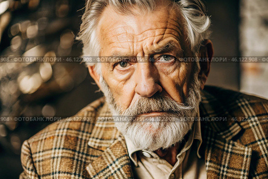 Studio portrait of a stylish, elegant elderly man, 70 years old, in a checkered jacket in brown tones. The concept of the elderly. Стоковое AI-изображение, AI-художник Photojuli / Фотобанк Лори