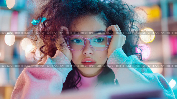 Studious girl: Portrait of an earnest young student lost in thought, gazing intensely through spectacles in vibrant light. Стоковое AI-изображение, AI-художник Данила Большаков / Фотобанк Лори