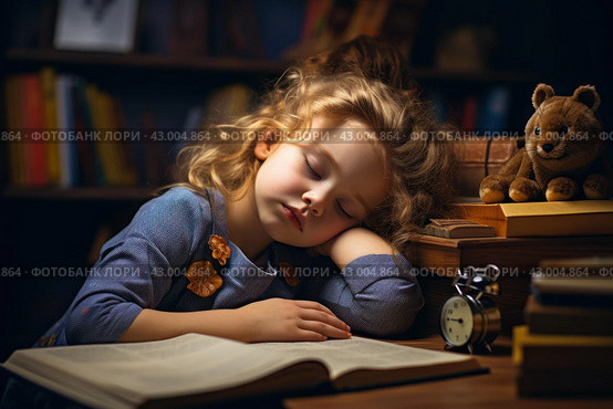 Studious Sleeping little girl tired of doing homework at desk. Generate Ai. Стоковое AI-изображение, AI-художник Иван Рябоконь / Фотобанк Лори