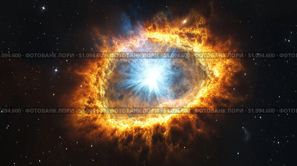 Stunning celestial display of a star's death in vibrant colors captured in deep space. Стоковое AI-изображение, AI-художник Михаил Коханчиков / Фотобанк Лори