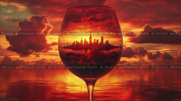 Stunning sunset reflected in a glass with city skyline outline. Потрясающий закат, отражающийся в стекле, с очертаниями городского горизонта. Стоковое AI-изображение, AI-художник Katsiaryna Repich / Фотобанк Лори