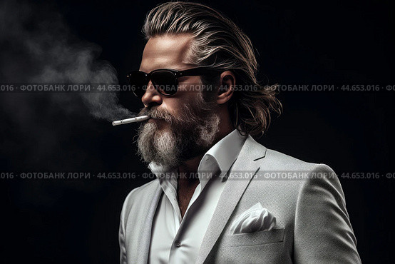 Stylish bearded man smoking in suit. Стоковое AI-изображение, AI-художник Иван Рябоконь / Фотобанк Лори