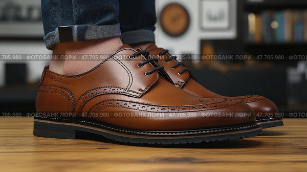 Stylish Brown Leather Brogue Shoes on Wooden Surface. Стоковое AI-изображение, AI-художник Данила Большаков / Фотобанк Лори