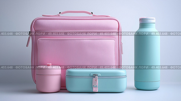 Stylish pink and blue lunch accessories arranged on a clean surface. Стильные розовые и голубые аксессуары для обеда разложены на чистой поверхности. Стоковое AI-изображение, AI-художник Katsiaryna Repich / Фотобанк Лори