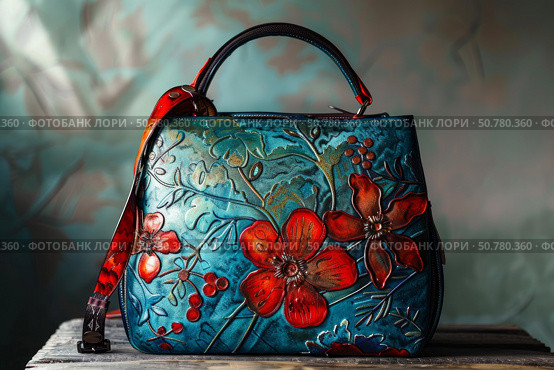 Stylish teal leather bag with embossed floral design showcasing craftsmanship. Стоковое AI-изображение, AI-художник Иван Рябоконь / Фотобанк Лори