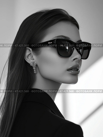 Stylish woman in dark sunglasses poses elegantly in modern indoor setting. Модная женщина в темных солнцезащитных очках эффектно позирует, демонстрируя свои длинные волосы и серьги. Фон с плавными архитектурными линиями создает изысканную атмосферу. Стоковое AI-изображение, AI-художник Katsiaryna Repich / Фотобанк Лори