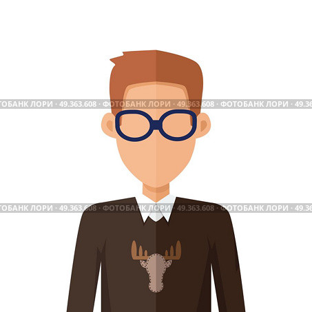 Stylish Young Man in Glasses Avatar or Userpic. Stylish young man in glasses avatar or userpic in flat cartoon design. Boy in casual clothes. Sweater with deer. Close up portrait. Part of series of diverse avatars without facial features. Vector. Стоковая иллюстрация, агентство Ingram Publishing / Фотобанк Лори