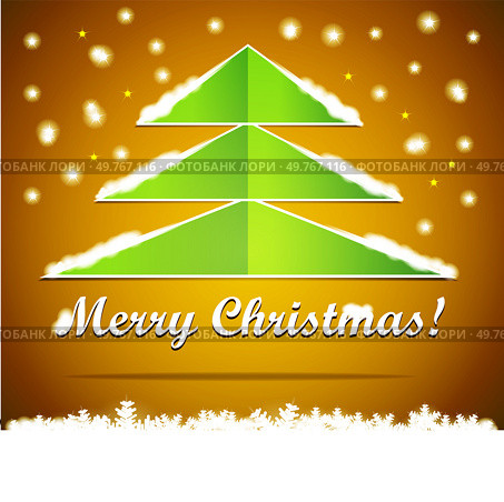Stylized Christmas tree card with a Merry Christmas message, stars, snowflakes, and festive background. Suitable for holiday greetings, Christmas cards, and seasonal celebrations.. Christmas card with stylized tree, Merry Christmas message, stars, and festive snowflakes. Стоковая иллюстрация, агентство Ingram Publishing / Фотобанк Лори