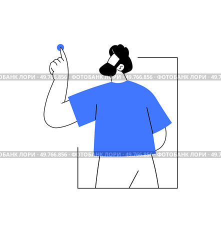 Stylized man in blue shirt making a gesture with his hand pointing upward, representing interaction, guidance, or instructional intent in a simple, modern design.. Male figure in blue shirt pointing upwards, representing an idea, instruction, or interactive gesture. Стоковая иллюстрация, агентство Ingram Publishing / Фотобанк Лори