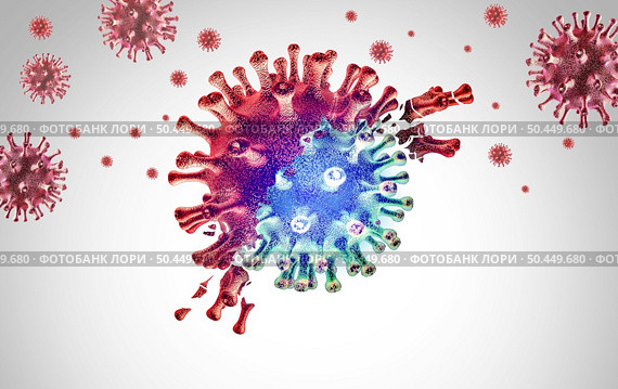 Subvariant Virus Spreading as viral pathogens Mutating variants and mutation as a transmissible health risk concept and new COVID-19 outbreak or coronavirus mutations and influenza background as a 3D render. Стоковое фото, агентство Ingram Publishing / Фотобанк Лори