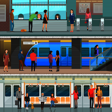 Subway wagon, modern station and entrance set. Automatic turnstiles, fast electric train, comfortable seats with passengers vector illustrations.. Subway Wagon, Modern Station and Entrance Set. Стоковая иллюстрация, агентство Ingram Publishing / Фотобанк Лори